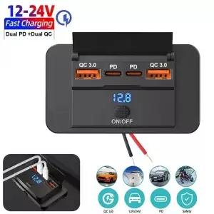스위치가있는 자동차 충전기 소켓 어댑터 4 포트 12V/24V PD QC3.0 버스 RV 트럭 오토바이 용 고속 충전