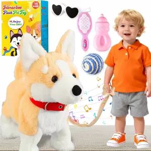 HCdoujoy Corgi 워킹 개 짖는 장난감 뮤지컬 노래 춤 볼륨 조절 인터랙티브 강아지와 목줄을 따라 걷기