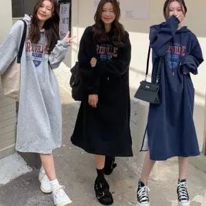 영문 레터링 옆트임 따뜻 기모 안감 후드 원피스