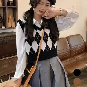 짧은 기장 아가일 패턴 베스트 니트 조끼