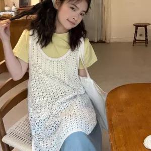 라운드 그물 통기성 양옆트임 포인트 펀칭 롱조끼