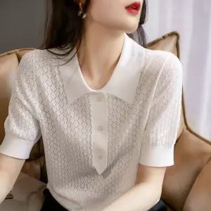 펀칭 카라 고급 티 셔츠 여성 여름 데일리 단추 니트 [BOE49995]