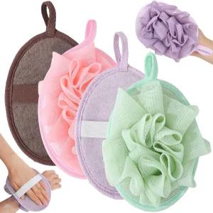 저우보트 4 PCS 각질 제거 목욕 스펀지 부드러운 루파 샤워 스크러버와 탄력 있는 핸드 스트랩 여성용 순한