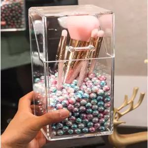 진주 투명 메이크업 정리함이 있는 클리어 아크릴 브러시 홀더 - 화장실 또는 욕실용 뚜껑이 방진 화장품