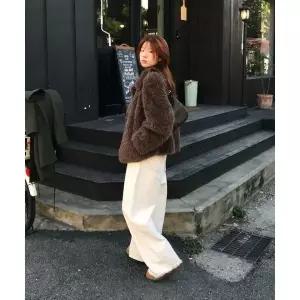 LEE 우먼 신세틱 퍼 하프 코트 브라운