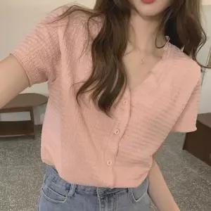 여성 브이넥 주름 크롭 기장 신축성 반팔 가디건 오버핏 티셔츠 박스핏 여름 빅사이즈