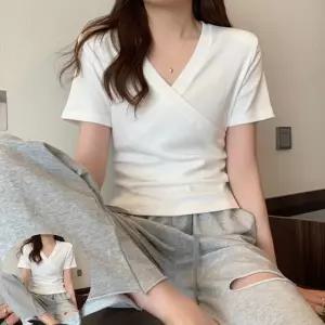 무지티 랩 반팔티 브이넥 무지 스판 여자 봄 여름 셔링