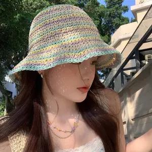 여자 바캉스 여름 휴양지 라탄 밀짚 버킷 모자