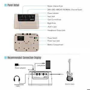 2EQ JOYO MA-10B 미니 휴대용 전기 베이스 앰프 스피커 10와트 앰프 노멀/드라이브 듀얼 채널 전원 어댑터