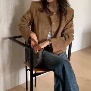 여성 스웨이드 자켓 봄 가을 레트로 슬림핏 무스탕 라운드넥 숏코트 캐주얼 데일리 아우터 T122244