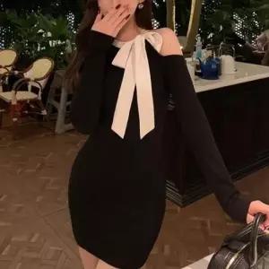 홀터넥원피스 원 오프숄더 숏 원피스 리본 홀터넥 슬림 미니 스커트