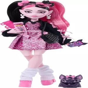 몬스터 하이 돌 분홍 보우 드레스와 검은 가디건을 입은 Draculaura 박쥐 카운트 패브럭스와 라면 립스틱