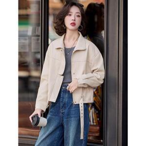 모두팜 여성 봄철 차이나 하프 코트 라이더 PU가죽 재킷 슬림핏 캐주얼 상의 MOC