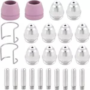 KHGUZ 24PCS AG60 SG55 WSD-60P 자동차 플라즈마 커터 소모품 키트 구리 세라믹 절단 토치 팁 노즐 전극 컵