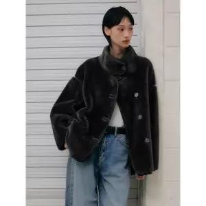 LEFTSEOUL 리얼 양털 오버핏 라인 무스탕 자켓 차콜 1396599