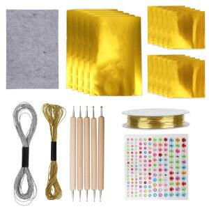 금박 공예 세트, 15개의 시트 2개의 자수 실 1개, 부직포 5개의 각인 펜 다이아몬드 스티커 엠보싱 아트 프로젝트에 적합한 롤 구리선 1개 포함