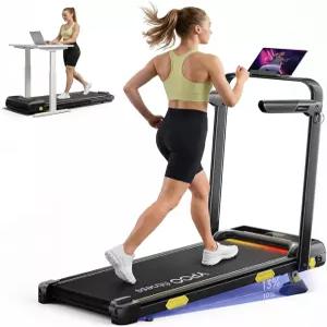 YPOO 13 경사 보행 패드 핸들 6.2MPH RGB 라이트 접이식 홈 오피스 속도 바 300LBS 휴대용 트레드밀 및 앱