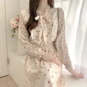친절한탄씨 A라인 쉬폰 원피스 꽃무늬 리본 프릴 밴딩 롱 드레스 가을원피스 봄치마 데이트룩