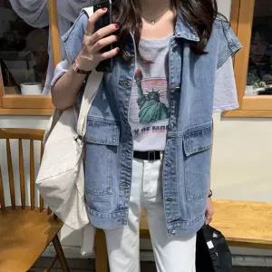 여성 간절기 루즈핏 빅포켓 데님 조끼 청조끼 베스트 여자데님 여성데님 간절기조끼 루즈핏