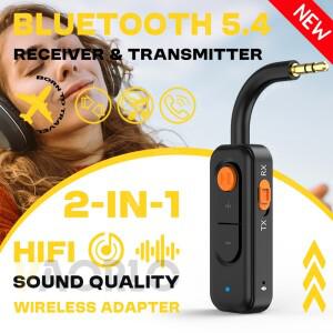 VAORLO 2 in 1 Bluetooth 5.4 오디오 송신기 3.5MM AUX Hifi 스테레오 무선 음악 어댑터, 마이크 포함, 자