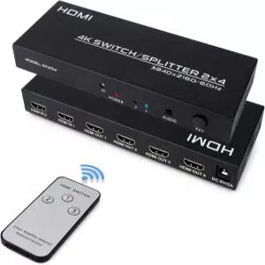 4K HDMI 스위치 스플리터 2 in 4 out 4K@60Hz 2x4 매트릭스 리모컨 포함 3.5mm 및 SPDIF 오디오 출력 PC