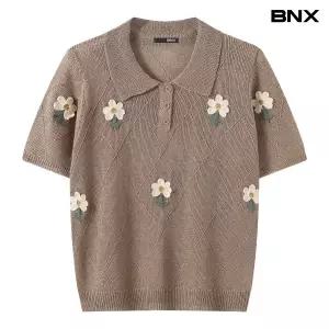[BNX]아가일 플라워 자수 포인트 반팔 니트 (BY2KP030L0)