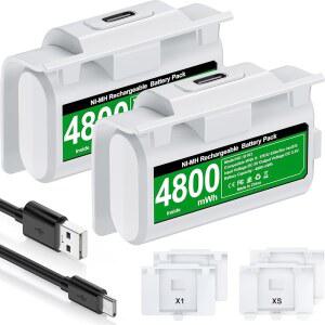 Xbox 배터리 팩 4개의 백 커버와 USB C 충전 케이블 2X 4800mWh 컨트롤러 플레이 및 One Series X/S-White용 키트로 가능