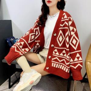 여성 기하학 다이아 니트 카디건 봄 도톰한 아우터 중기장