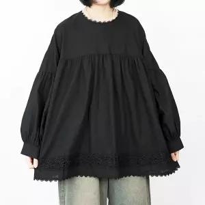 레이스 셔링 블라우스 내추럴 오버핏 루즈핏 면 빅사이즈