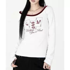 DARLING, YOU'RE BAD Playing Card Velvet-Trim Tee #Wine 2336895