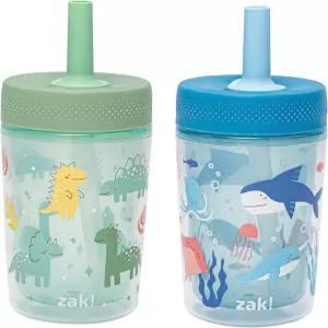 Zak Designs Dino와 Bubble Bay Capri 9 누수 방지 컵 2개 세트 BPA 무함유 이중벽 플라스틱 빨대컵 가능