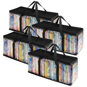가정용 DVD 보관 가방(4개 세트) DVD, CD, 블루레이 디스크, 영화 케이스, VHS 박스, 비디오 게임 디스크, 휴대용 손잡이와 지퍼가 있는 투명 플라스틱 홀더 - 블랙