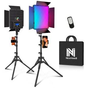 NiceVeedi 2팩 RGB 사진 조명, 20가지 효과, 40W / 360 풀 컬러 / 2700-6500K 스튜디오 조명, 리모컨 및 디스플레이 포함, 영상 녹화용 비디오 라이트 / 사진 / 스트리밍 / 유튜브 / 틱 사용 가능톡