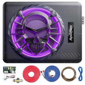 10인치 1200W 슬림 언더시트 전원식 자동차 서브우퍼, 자동차/트럭용 오디오 서브우퍼 및 앰프 패키지,LED 앰비언트 라이트가 있는 퓨어 베이스 서브 (Subwoofer+)설치용 와이어 키트