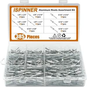 ISPINNER 385pcs 8사이즈 알루미늄 블라인드 리벳 팝 모음 키트 실버