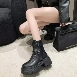 오너클랜 여성 블랙 러기드솔 스트랩 버클 레이스업 미들부츠 워커부츠 버클스트랩 레이스업