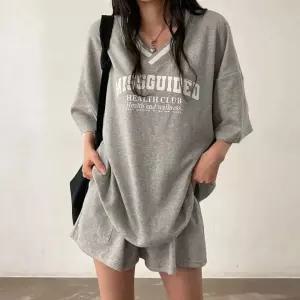 여자 데일리 루즈핏 브이넥 반팔 반바지 트레이닝 셋업 여성티셔츠 상하의세트