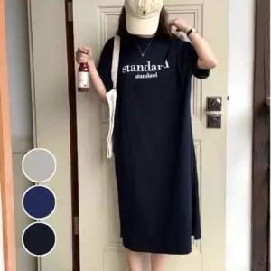 홈웨어 데일리 간편 여성 레터링 반팔 롱 원피스 WE25586