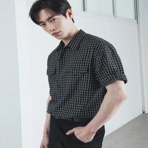 드로우핏 딜런 체크 시어서커 롤업 하프 셔츠 [BLACK]