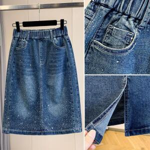 원픽 여성 신축성 있는 허리 핫 다이아몬드 데님 스커트 여름 미드 플러스 사이즈 슬리밍 A라인