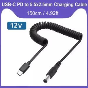 12V 3A USB C 타입-C to DC 5.5 2.1 PD 디셉션 라인 DP 고속 충전 케이블 스프링 텔레스코픽 DC 전원 코드