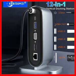 12-in-1 수직 도킹 스테이션 USB C TYPE 허브 스플리터 HDMI 4K/LAN 100M/USB3.0 5Gbps/VGA 1080P/PD100W