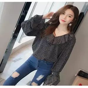 봄신상블라우스 F11782 봄신상 프릴 도트 무늬 공주풍 V넥 블라우스