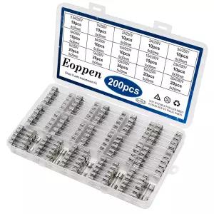 Eoppen 200Pcs Fast Blow Glass Fuses Assortment Kit 15 Values 5x20mm 250V 1A 5A 10A 15A 20A 0.5A 2A