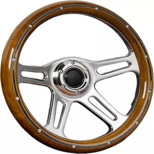 Fanower 14인치 원목 스티어링 휠 딥 디시 70mm 4스포크 6볼트 클래식카 핫로드 머슬카 빈티지카용 크롬