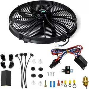 16인치 전기 라디에이터 팬 및 온도조절기 배선 스위치 릴레이 키트 3000 CFM 10날 자동차용 블랙
