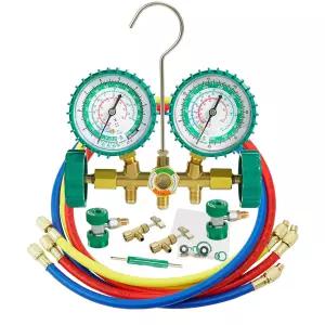 PB Motor Tech R134A R12 R22 R502용 3방향 황동 매니폴드 게이지 녹색 밸브 바디 퀵 커플러 두 개의 캔 탭