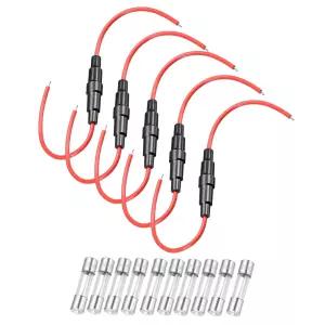 uxcell 5개입 5x20mm 인라인 스크류형 퓨즈 홀더 18게이지 AWG 빨간색 전선 15A 패스트 블로우 글라스 포함