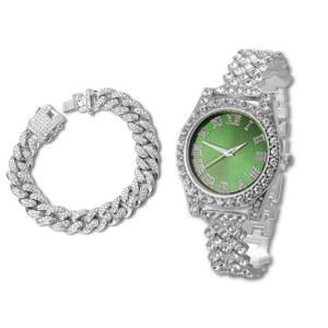 richhut Diamond Watch for Women Female White Gold Iced Wristband Platinum Green Dial Wide Out 15MM