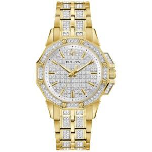 Bulova 여성용 크리스탈 옥타바 골드 스테인리스 쿼츠 크리 베젤 3핸드 스틸 팔찌 다이얼 골드톤 98L302 시계 골드 스타일